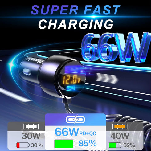 66W High-Speed Car Charger - 5-Port Fast Charging Hub with PD & QC3.0, Universal Compatibility for iPhone 15/14/13/12/11, Samsung Galaxy S23/S22/S...