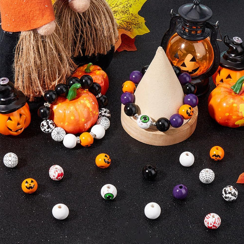210Pcs Halloween Wooden Beads Holiday Wood Beads Round Spacer Bead Garland Hanging Ornaments with Jute Rope for Jewelry Making Supplies DIY Neckla...