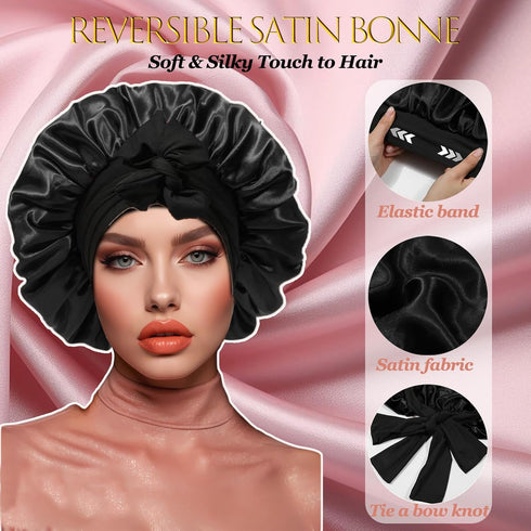 Satin Bonnet Silk Bonnet Hair Bonnet for Sleeping Women,Large Double Layer Satin Hair Bonnet for Sleeping with Adjustable Tie Band,Soft Elastic Br...