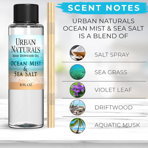 Urban Naturals Ocean Mist & Sea Salt Scented Oil Reed Diffuser Refill | Includes a Free Set of Reed Sticks! 4 oz....