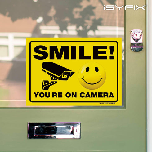 iSYFIX Smile You're on Camera Stickers for Business - 2 Pack 14x10 Inch - Self-Adhesive Vinyl, Laminated for UV Protection, Weather, Fade Resistan...