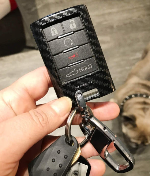 iJDMTOY Black Carbon Fiber Pattern Hard Plastic Shell Keyfob Protective & Keychain Compatible With Cadillac OEM 5923887 22756465, etc (ATS CTS DTS...