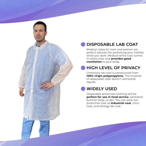 AMZ Disposable Lab Coat 2XL. 35 GSM PP White Disposable Lab Coats for Adults. 5 Pack Knee-length Lab Coat with Long Sleeves, Elastic Wrists, Loop ...