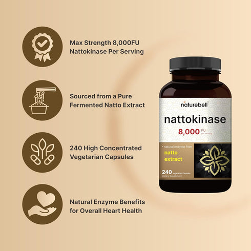 NatureBell Nattokinase Supplement 8,000 FU Per Serving, 240 Veggie Capsules | Traditional Natto Extract Source – Max Strength Enzyme & Heart Healt...