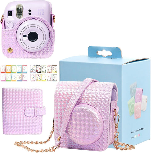 Protective Case for Fujifilm Instax Mini 12 Instant Camera, PU Camera Case with 64 Pocket Mini Photo Album, Cute Camera Strap, Photo Border Sticke...
