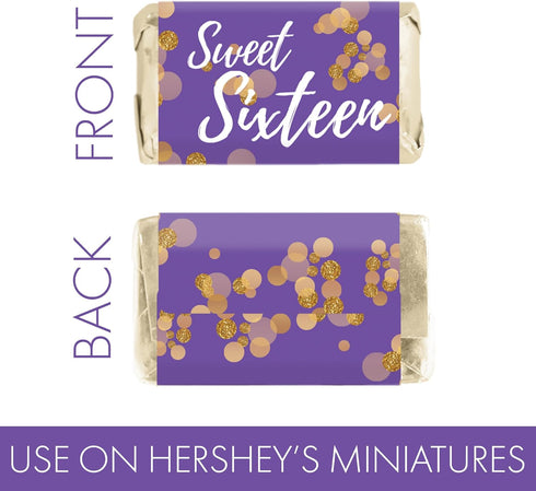 Purple and Gold Sweet 16 Birthday Party Mini Chocolate Candy Bar Wrappers - Sweet Sixteen Party Favor Stickers - 42 Stickers...