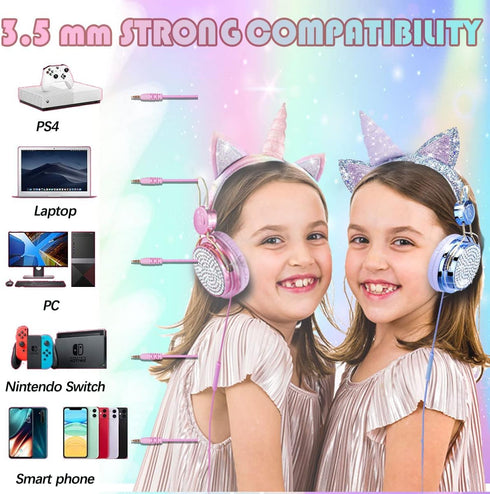 SVYHUOK Kids Headphones for Girls Children Teens,Cute Cat Ear Wired Headphones Microphone 3.5mm Jack, Over On Ear Headset for School Birthday Xmas...