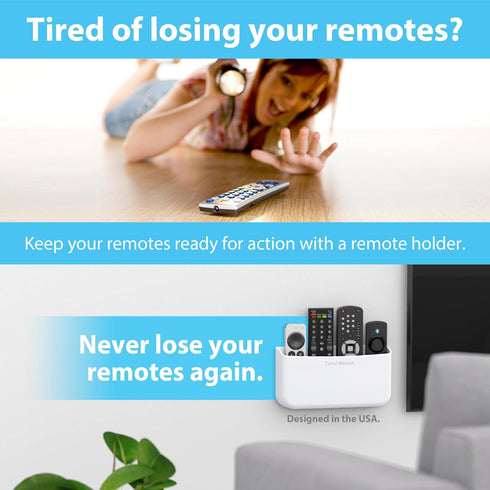 TotalMount Hole-Free Remote Holder – Eliminates Need to Drill Holes in Your Wall (Premium White Holder for 3 or 4 Remotes)...