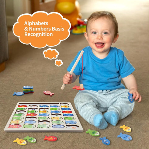 Wooden Magnetic Fishing Game for Toddlers, Montessori Fine Motor Skills Toy with Letters and Numbers, Preschool Learning ABC and Puzzle Birthday T...