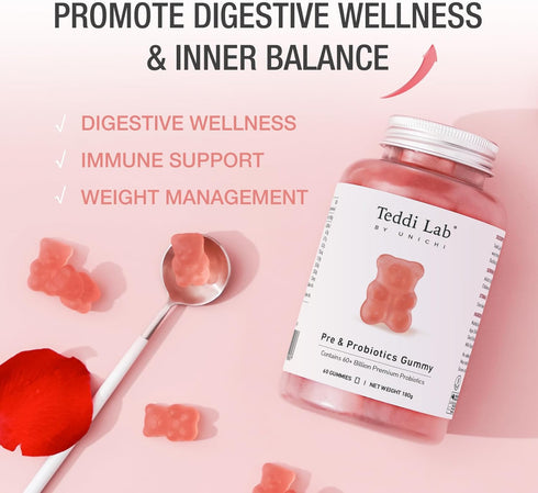 Unichi Pre & Probiotics Gummy, 60+ Billion Probiotics Combined with Prebiotic for Digestive Wellness and Inner Balance, NON-GMO, Yogurt Flavour, 6...