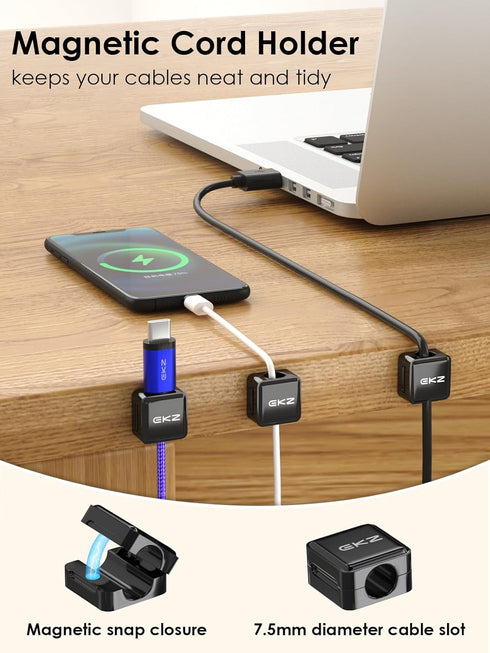 Magnetic Charger Cord Organizer Clips: 8-Pack Under Desk Charging Cable Holder - Easy Secure Adhesive Phone USB Wire Management Keeper for Home, O...