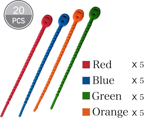 Multi Purpose Silicone Zip Ties - 20 pcs - 6 inch Cable Ties - Double Lock Twist Ties in Multi Color (Red, Blue, Green, Orange) - Extra Hold Reusa...