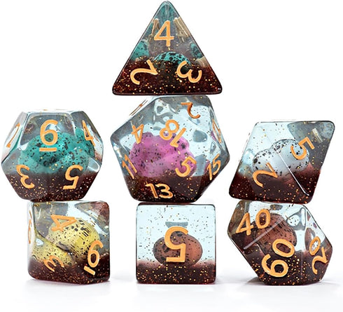 Gate Keeper Games and Dice: Inclusion Dice: Dinosaur Eggs - 7pc RPG Set, Multi-Colored Dino Eggs & Brown Glitter in Clear Resin, Role Playing Game...