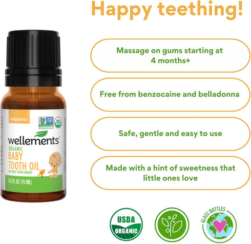 Wellements Organic Baby Tooth Oil | Soothing Massage Oil for Tiny Gums, Helps Make Teething Happy, Made with Safe and Effective Certified Organic ...