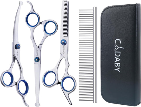 Dog Grooming Scissors with Safety Round Tips,5 in 1 Dog Grooming Scissors Kit, 4CR Stainless Steel Professional Pet Grooming Shears for Dog, Cat,S...