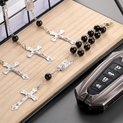 4 Pieces Auto Rosary for Rearview Mirror Pearl Glass Beads Catholic Bracelet Rosary Beads Catholic for Woman Men Car Rosary with Cross Crucifix Ro...