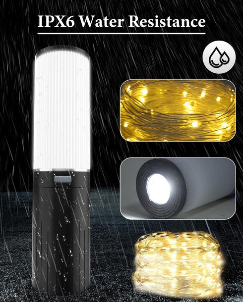 Camping String Lights, 4 in 1 Outdoor String Lights with 9 Light Modes(50Ft), LED String Lights Waterproof IPX6 Portable Camping Lantern Rechargea...