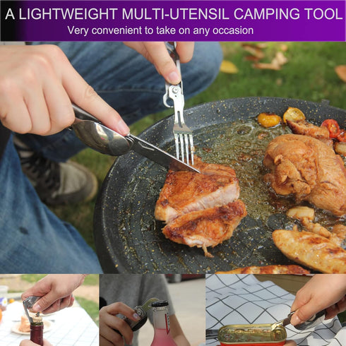 6-in-1 Detachable Camping Utensil, Stainless Steel Cutlery Folding Spoon, Fork, Knife, Wine Bottle Opener Can Opener Portable Combo Set for Campin...