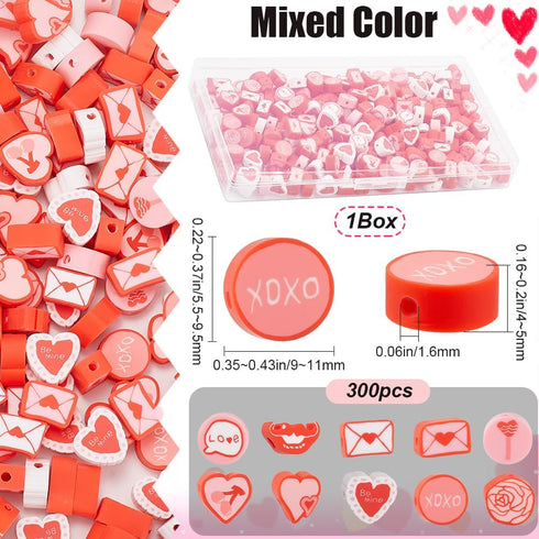 1 Box 300Pcs Valentines Clay Beads Polymer Clay Beads Holiday Heart Red Tone Love Letter Loose Spacer Bead for Jewelry Making Supplies Bead Assort...