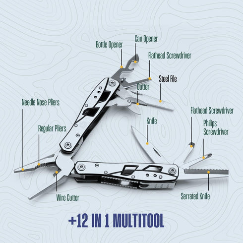 Multitool Plier - 12 In 1 Stainless Steel Pocket Multi Tool With Durable Sheath For Camping, Survival Gear - Safety Locking Camping Accessories Wi...