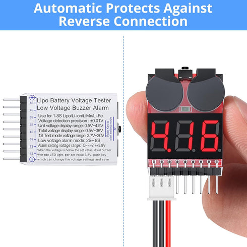 CAMWAY 5PCS 2in1 1-8s Lipo Battery Voltage Tester,RC Low Voltage Buzzer Alarm,Battery Monitor Checker Tester for 1-8s Lipo/Li-ion/LiMn/Li-Fe...