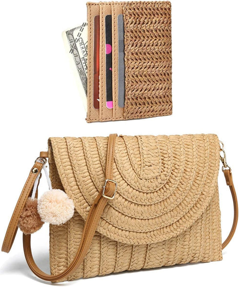YIKOEE Straw Bag and Card Holder Set for Women Summer Beach Purse Woven Bag With PomPom...