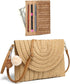 YIKOEE Straw Bag and Card Holder Set for Women Summer Beach Purse Woven Bag With PomPom...