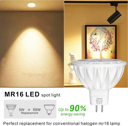 MR16 LED Bulb Light Bulbs 6 Pack, 5W (50W Halogen Equivalent) 2700K Warm White GU5.3 Base 12V Spotlight Non-Dimmable 38 Deg 450Lm for Landscape Re...