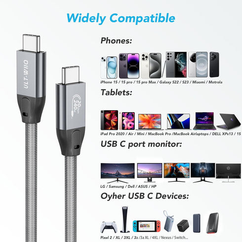ULT-WIIQ USB C to USB C Cable Fast Charging 240W PD 3.1 High Speed 20Gbps Data Transfer USB C 3.2 Gen 2x2 Cable 4K@60Hz USB C Monitor Cable USB Ty...