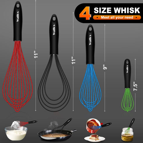 Walfos Whisk,Whisks for Cooking Non Scratch.Silicone Whisk Set of 4 Kitchen Wisk-11in Flat wisk and 7+9+11in Balloon Whisk.Nice for Mixing,Whiskin...