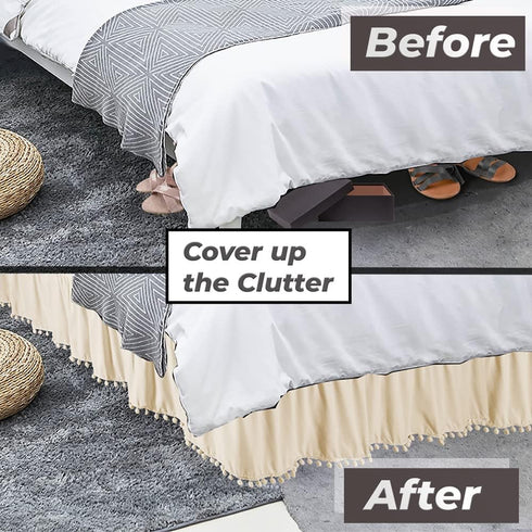 Legacy Decor Bed Skirt Dust Ruffle with Pom-Pom Fringe 100% Brushed Microfiber with 14” Drop Twin - Full Beige Color...