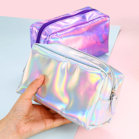 Teensery PU Leather Holographic Makeup Pouch Cosmetic Bag Waterproof Toiletries Organizer Pen Bag for Women and Girls (Purple)...