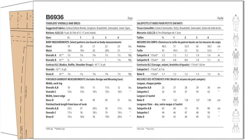 Butterick B6936A Toddlers' Overalls and Dress Sewing Pattern Kit, Design Code B6936, Sizes 1/2-1-2-3-4...