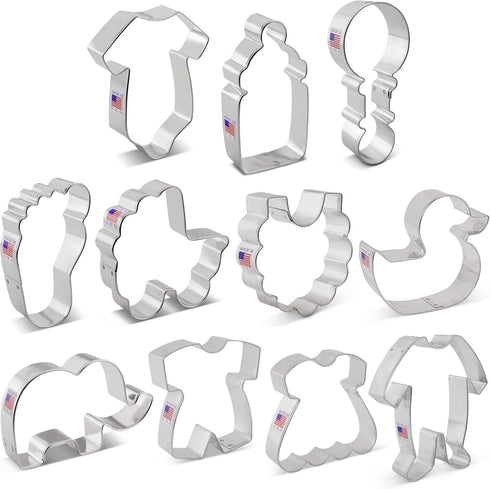 Baby Shower Cookie Cutters 11-Pc. Set Made in USA by Ann Clark, Onesie, Bib, Rattle, Bottle, Foot, Footie PJs, Dress, Duck...