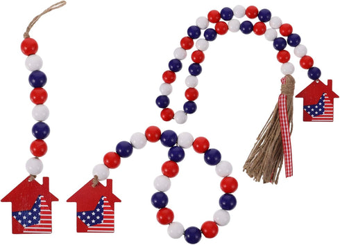 LUOZZY 3 Pcs Independence Day Wood Bead Garland with Tassel 4th of July Patriotic Bead Garland for 4th of July Presidential Election Party Decorat...
