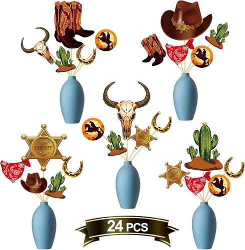 24Pcs Western Cowboy Party Decorations Centerpiece Sticks, Western Theme Birthday Party Supplies Table Centerpiece Decorations, Wild West Cowboy B...