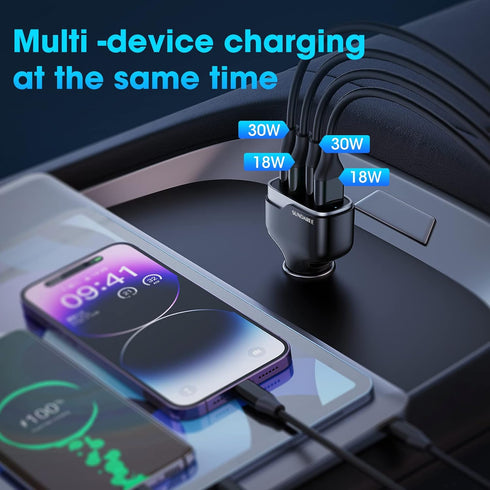 SUNDAREE 4 Ports USB C Fast Car Charger with Plug Outlet, Car Charger Adapter with 3.3FT Cable(USB-A to USB-C), Dual QC 18W & PD 30W Car Phone Cha...