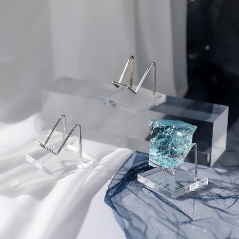 4 Pcs Rock Display Stand Crystal Display with Metal Arms and Acrylic Pedestal Base Decorative Easel Stand Mineral Crystal Display Stand for Gemsto...