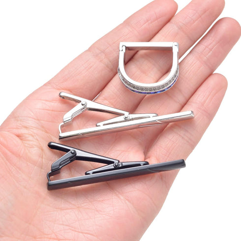 Tornito 9Pcs Tie Clips Tie Ring for Men Square CZ Tie Tacks Clutch with Chain Necktie Silver Black Gold Tie Clips Link Chain for Wedding Meeting B...