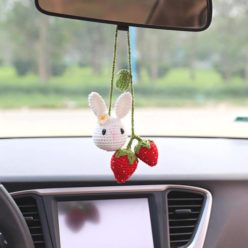 BUNNY Cute Rear View Mirror White Bunny and Strawberry Crochet Car Charm, Bunny Hanging Ornaments, Cute Fruit Car Rear Dangle Interior, Handmade K...