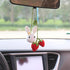 BUNNY Cute Rear View Mirror White Bunny and Strawberry Crochet Car Charm, Bunny Hanging Ornaments, Cute Fruit Car Rear Dangle Interior, Handmade K...