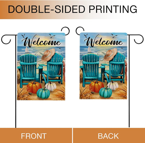 Welcome Fall Sea Pumpkin Garden Flag Double Sided, Autumn Beach Ocean Chairs Coastal Decorative Yard Outdoor Home Small Decor, Seagull Sailboat Na...