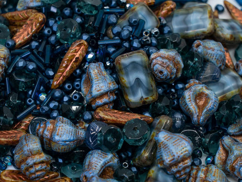 2.1oz (60 g) Mix of Unique Czech Bohemia Glass Pressed Beads, Dark Blue, Table Cut, Matte and Glossy, Faceted Fire Polish, Hand Made Set Kit BCV...