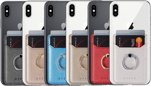 BIAJIYA Card Holder for Back of Phone with Ring RFID Blocking Stand Wallet Pocket Stick on Phone Credit Cards Leather for iPhone/Android and All S...