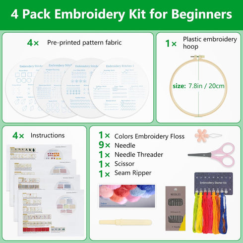 Enkor 4 Sets Embroidery Kit for Beginners Adults, Beginner Embroidery Kit for Adults, Floral Embroidery kit,Embroidery Kit for Beginners Flowers F...