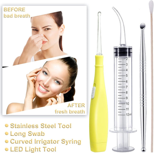 Tonsil Stone Removal Set Includes 1 Stainless Steel Tonsil Stone Removal Tool, 1 Tonsil Stone Remover with LED Light, 100 Long Swabs and 1 Curved ...