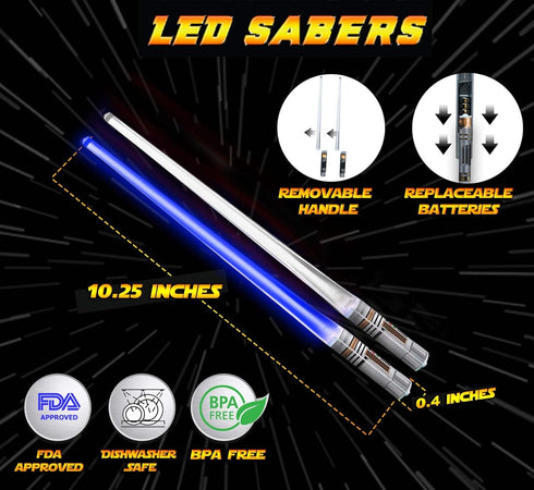 LIGHTSABER CHOPSTICKS LIGHT UP STAR WARS LED Glowing Light Saber Chop Sticks REUSABLE Sushi Lightup Sabers Removable Handle Dishwasher Safe 8 Colo...