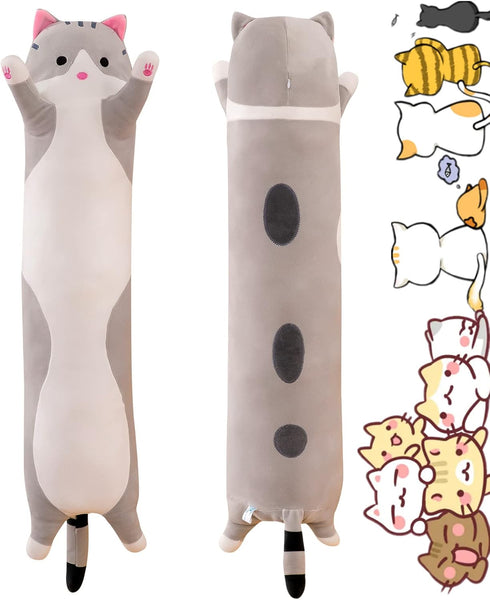 Lonng Gray Cat Plush Pillow Toy Sleeping Pillow Cute Cartoon Cat Stuffed Animals Soft Long Body Pillow Gift for Kids(19.68in)...
