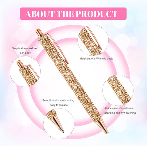 12Pcs Rhinestone Pens Bling Metal Ballpoint Diamond Pens Bulk Fancy Sparkly Crystal Press Retractable Black Ink 0.7mm For Women Office Meeting Bir...