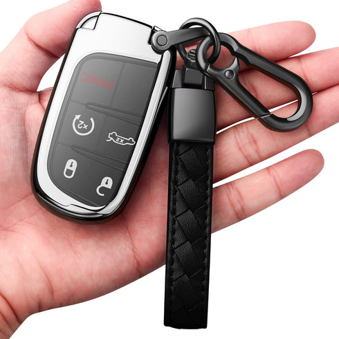 Compatible with Jeep Key Fob Cover with Leather Keychain Soft TPU Protection Key Case for Grand Cherokee Renegade Chrysler 200 300 Dodge RAM Duran...